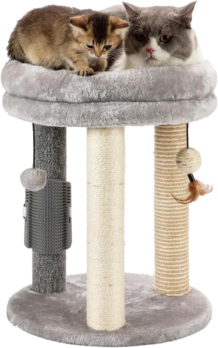 4in1 Small Cat Tree,Scratching Post with Tower Soft Cat Bed, Sisal Carpet Jute Posts with Three Hanging Ball Toys and Massage Brush for Indoor Cats and Kittens