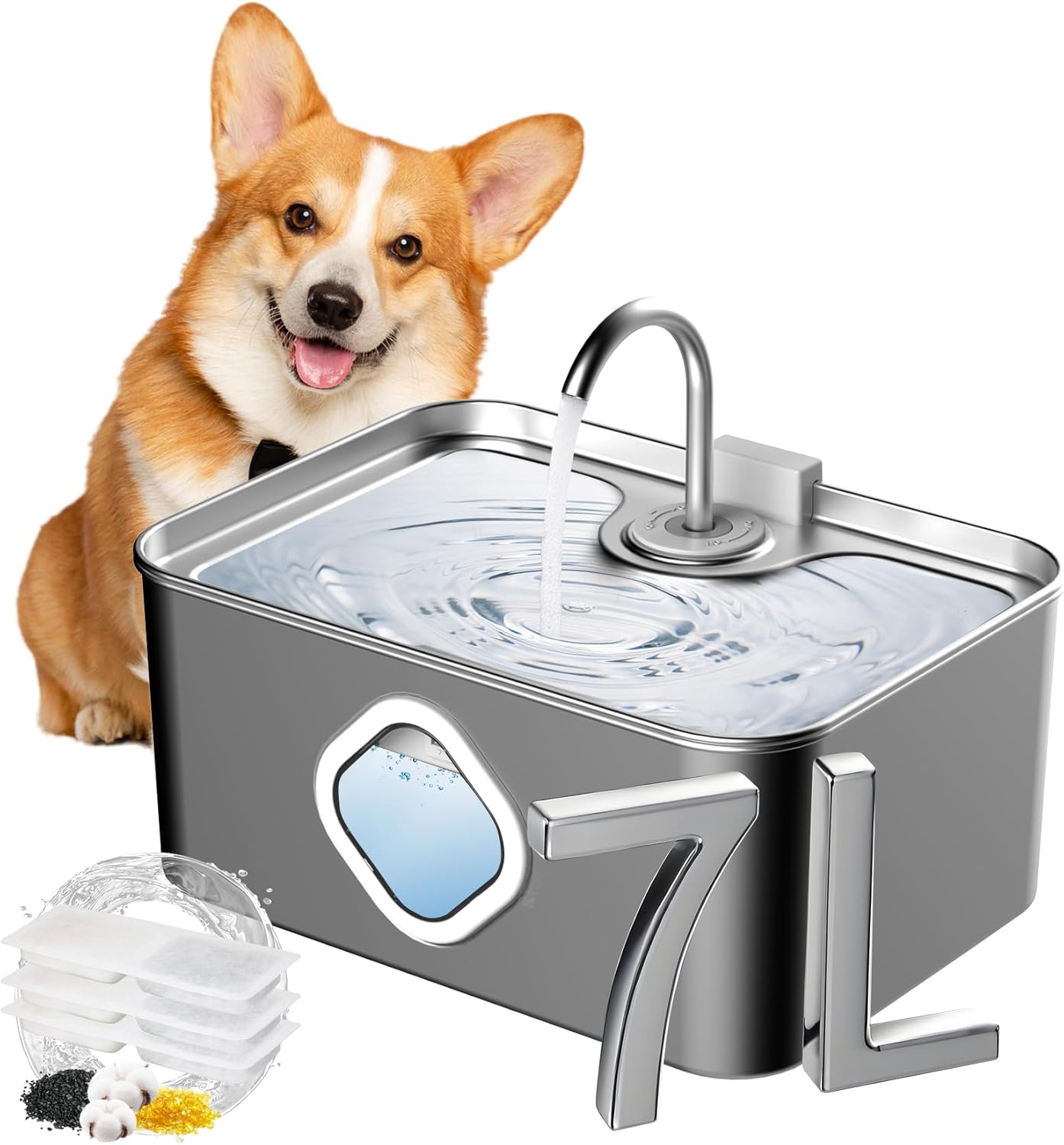 Large Dog Water Fountain Stainless Steel 7L/230 oz/1.8Gal - 4-Stage Filtration & Water Window, Ultra-Quiet Pump with 2 Modes (Faucet/Waterfall) for Cats, Dogs & Multi-Pet Homes