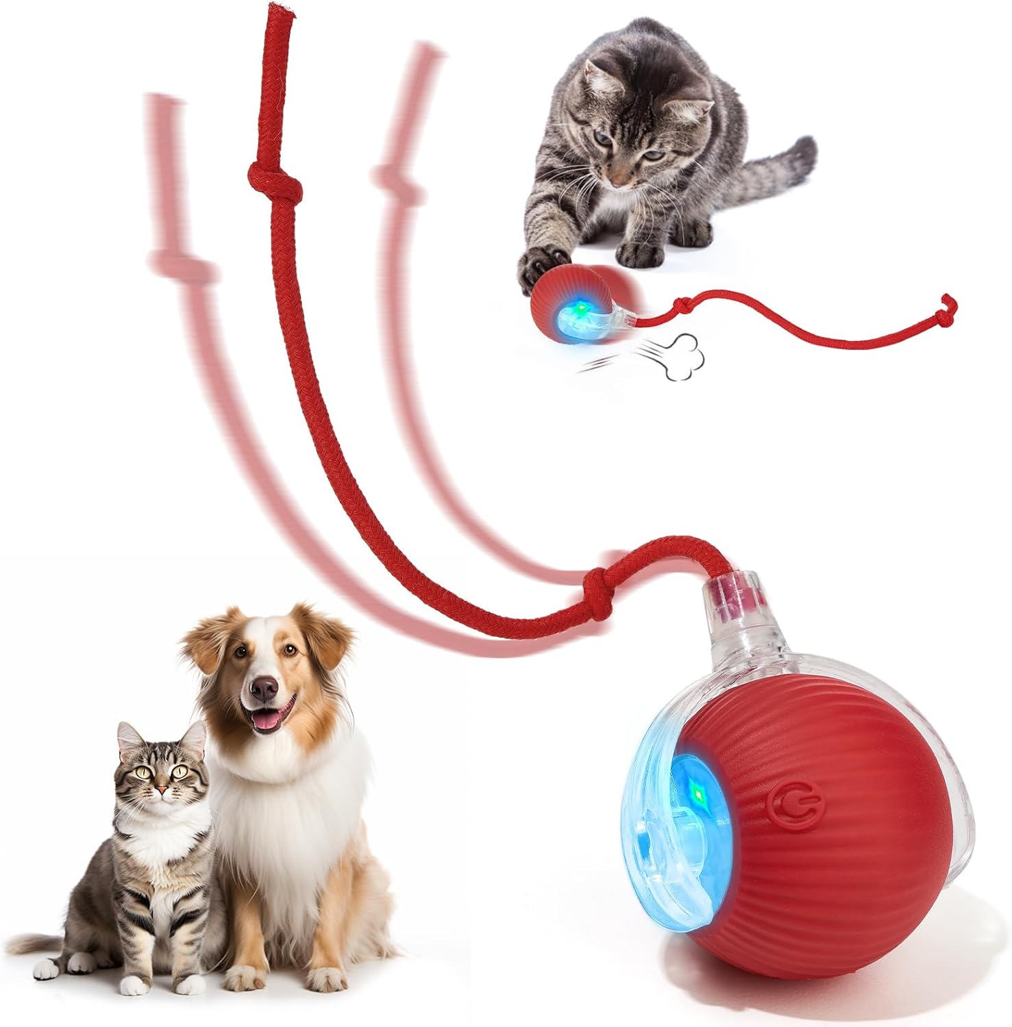 Interactive Dog & Cat Electric Active Toys, Smart Rolling Ball for Dogs & Cats, 360° Smart Automatic Rolling Pet Ball, Fast Moving Toy for Bored Indoor Kitty, Rechargeable(Red)