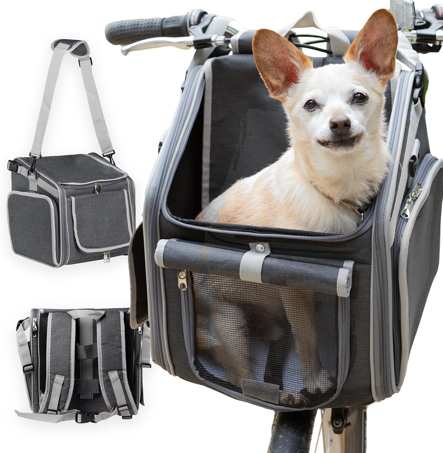 Dog Bike Basket, Mesh Windows, 2 Safety Leashes, Soft Sided, Safe Comfortable Pet Carrier for Small Dogs, Cats (Grey)