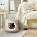 Cat Pet Bed Cave- Indoor Enclosed Covered Cavern/House for Cats Kittens and Small Pets with Removable Cushion Pad by , Tan/White Animal Print 13x12x12