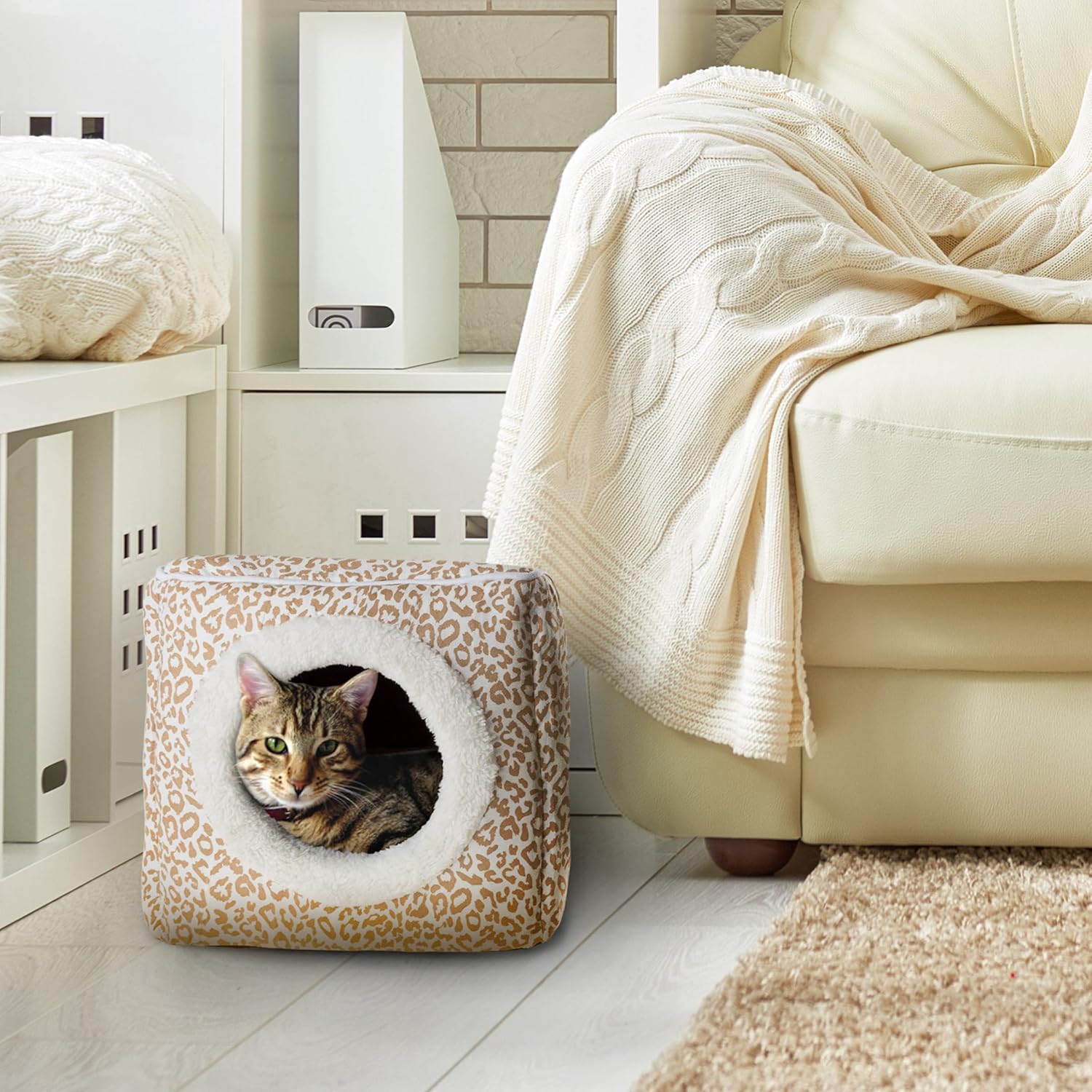 Cat Pet Bed Cave- Indoor Enclosed Covered Cavern/House for Cats Kittens and Small Pets with Removable Cushion Pad by , Tan/White Animal Print 13x12x12