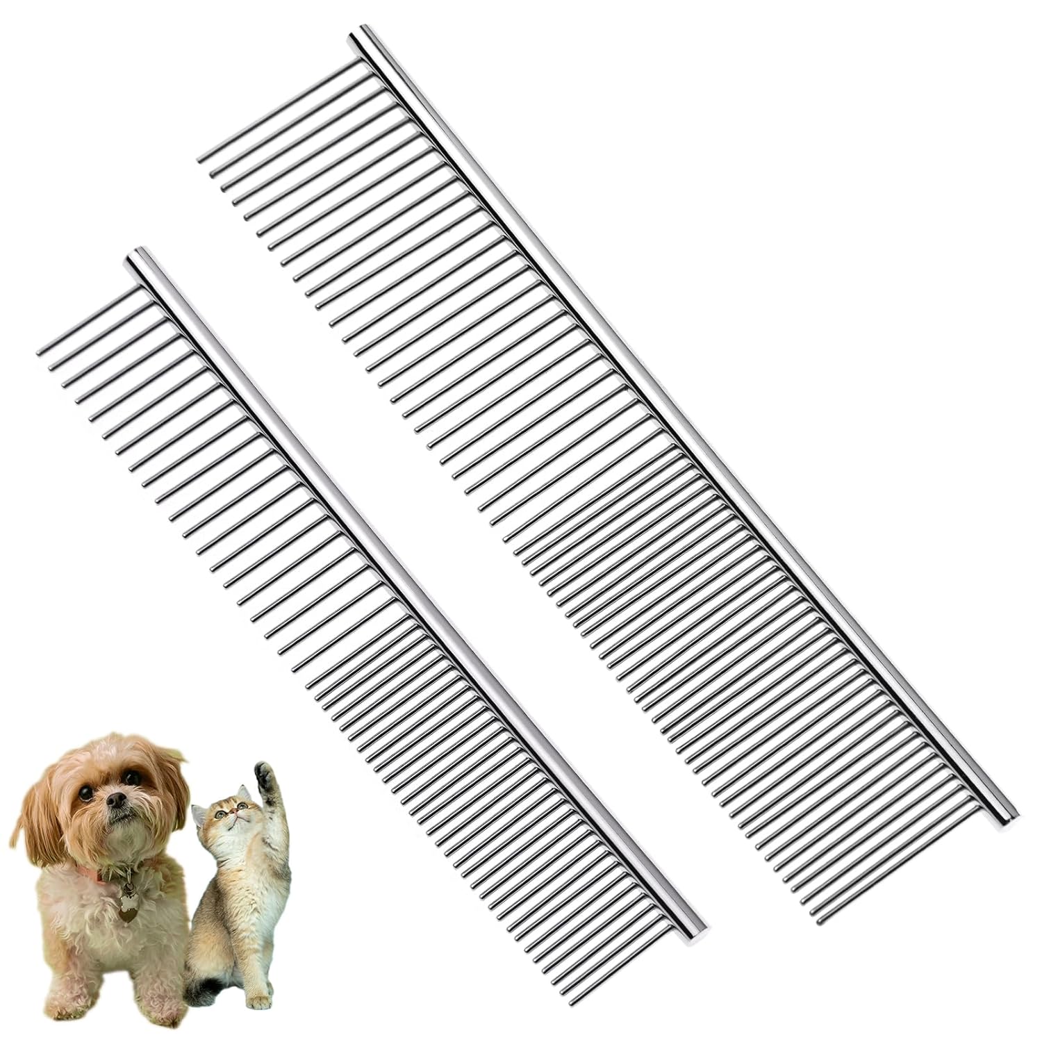 2PCS Dog and Cat Brush, Stainless Steel Pets Grooming Comb Kit, Detangler Deshedding Brush, Metal Knots Hair Remover 6.4" 7.5"