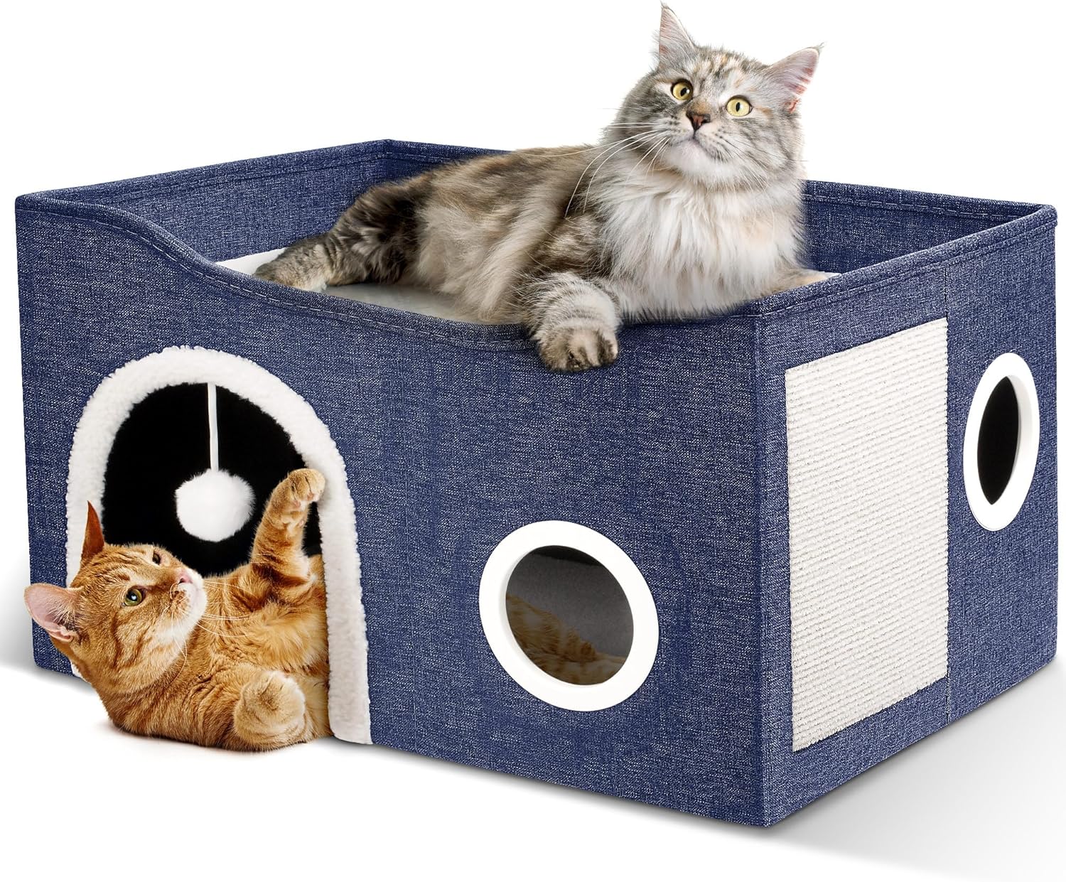Cat House for Indoor Cats - Large Cat Bed Cave with Fluffy Ball and Scratch Pad, Foldable Cat Houses & Condos, Cat Cubes, Cat Hideaway, Covered Cat Bed for Multi Small Pet Large Kitty
