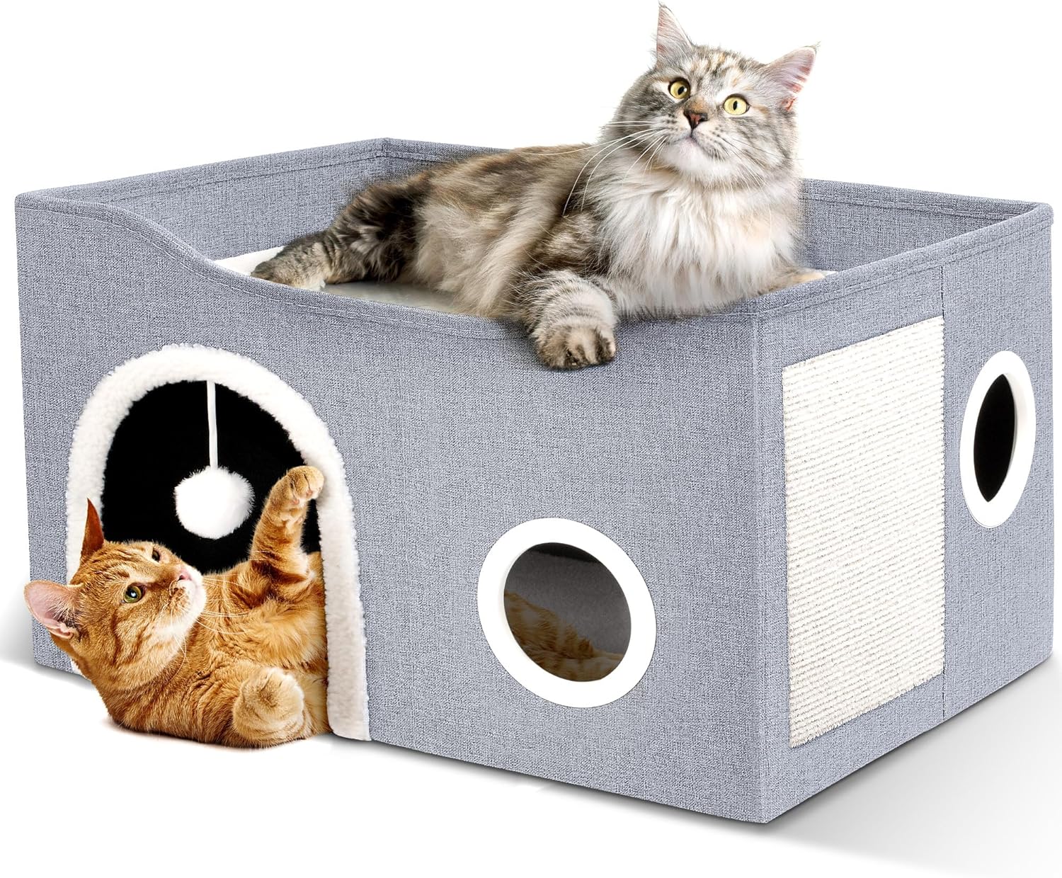 Cat House for Indoor Cats - Large Cat Bed Cave with Fluffy Ball and Scratch Pad, Foldable Cat Condos, Cat Cubes, Cat Hideaway, Covered Cat Bed